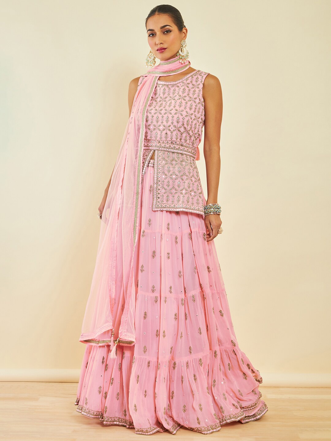 

Soch Embroidered Mirror Work Ready to Wear Lehenga & Blouse With Dupatta, Peach