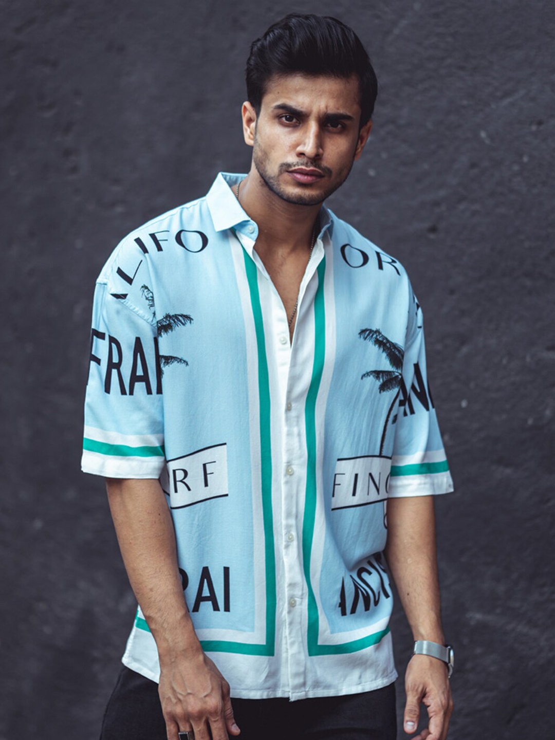 

Powerlook India Slim Oversize Typography Printed Casual Shirt, Blue