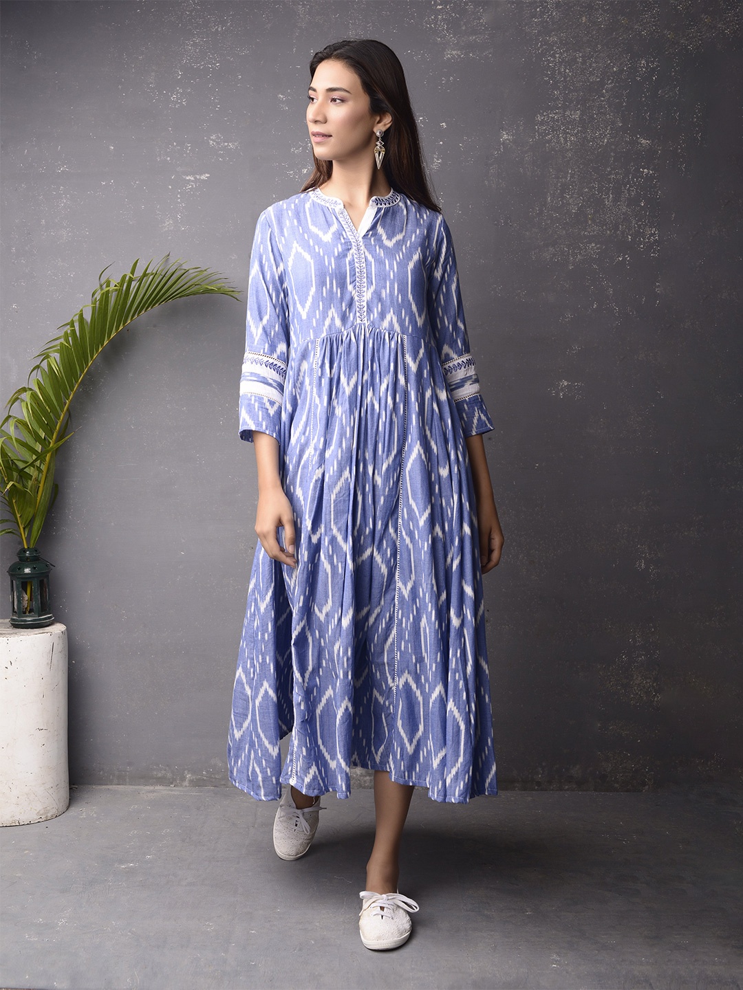 

PINKSKY Abstract Printed Embroidered Detail Mandarin Collar Cotton Fit & Flare Midi Dress, Blue