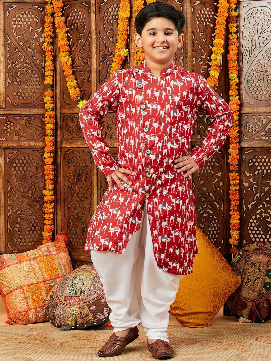 

Stylo Bug Boys Ethnic Printed Angrakha Straight Kurta With Dhoti Pants, Red