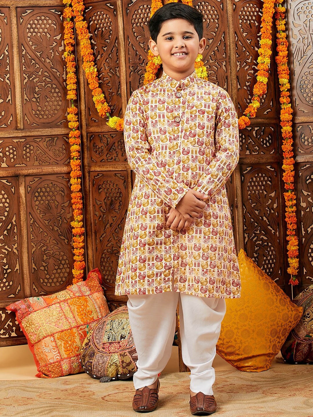 

Stylo Bug Boys Ethnic Printed Mandarin Collar Straight Kurta With Dhoti Pants, White