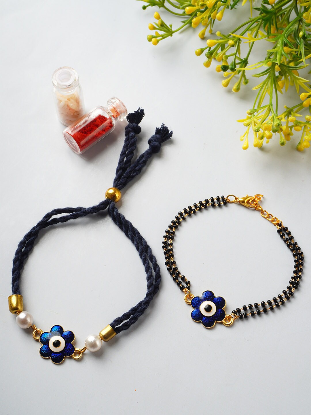 

Ferosh Set Of 2 Gold-Plated Evil Eye Charm Rakhi With Roli Chawal