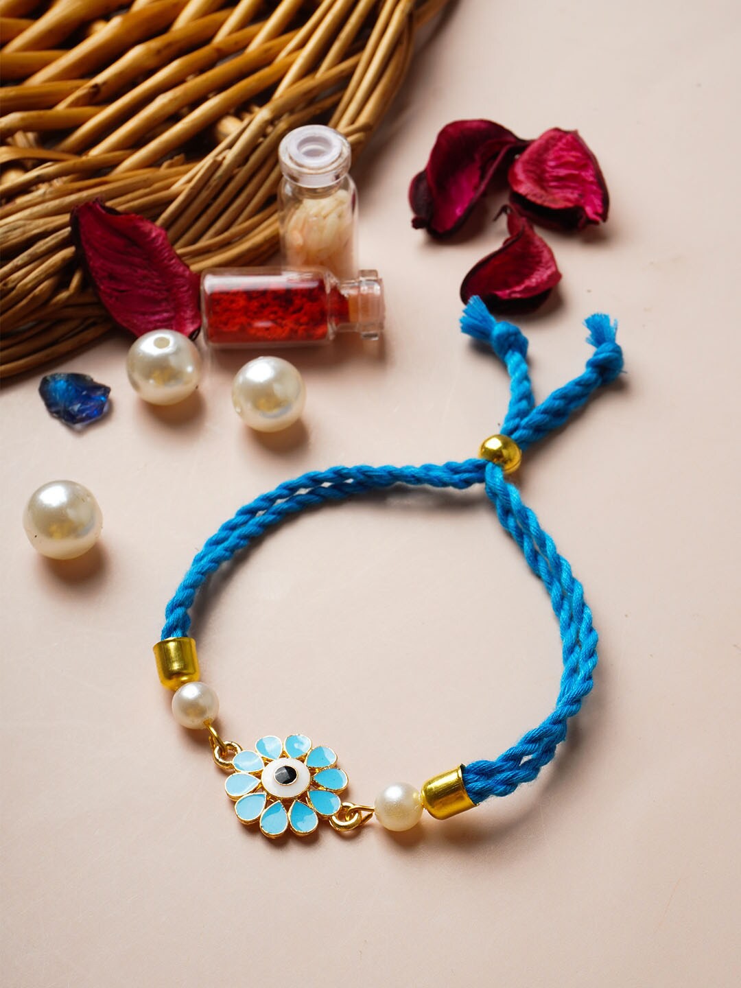 

Ferosh Flower Evil Eye Beaded Rakhi, Blue