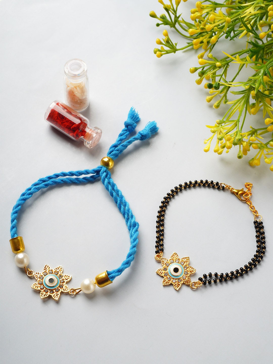 

Ferosh Set Of 2 Gold-Plated Flower Evil Eye Rakhi