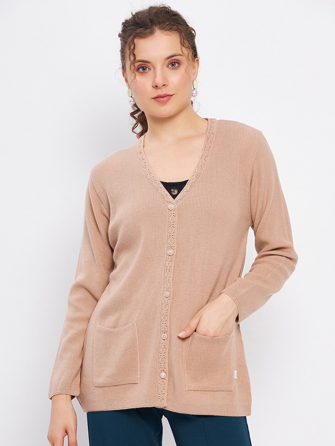 

Duke Self Design Open Knit Acrylic Cardigan Sweaters, Beige