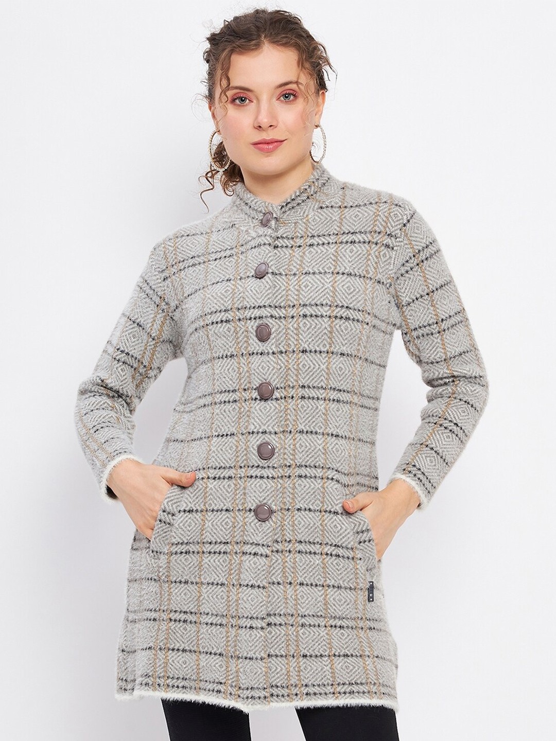 

Duke Checked Acrylic Longline Cardigan, Grey