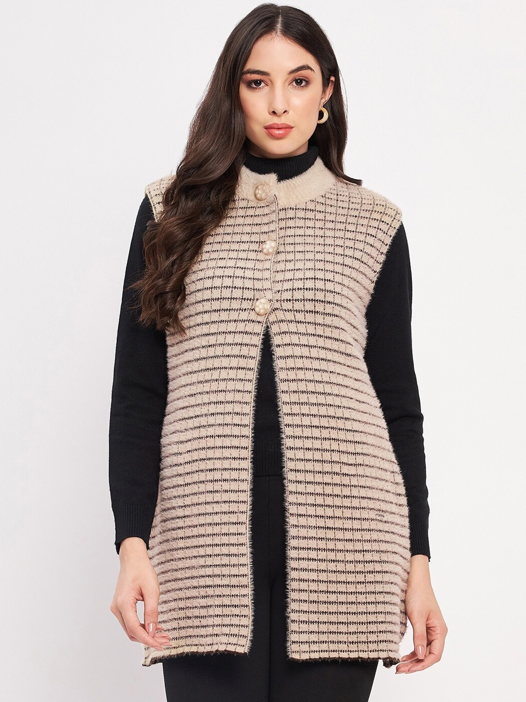 

Duke Checked Acrylic Longline Cardigan, Beige