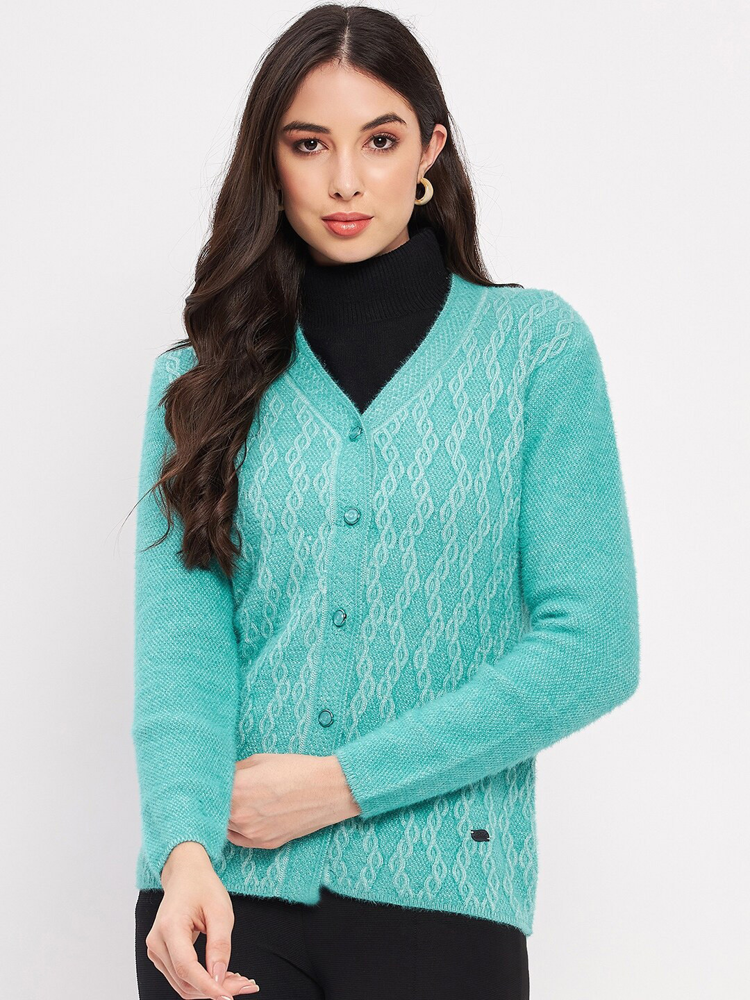 

Duke Cable Knit Self Design V-Neck Acrylic Cardigan Sweaters, Green