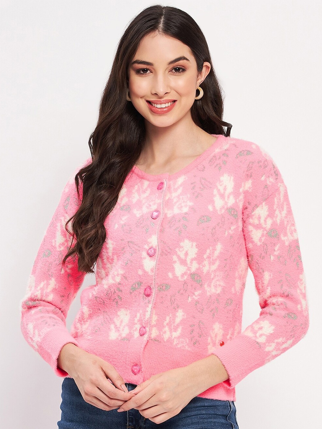 

Duke Floral Self Design Acrylic Cardigan Sweaters, Pink