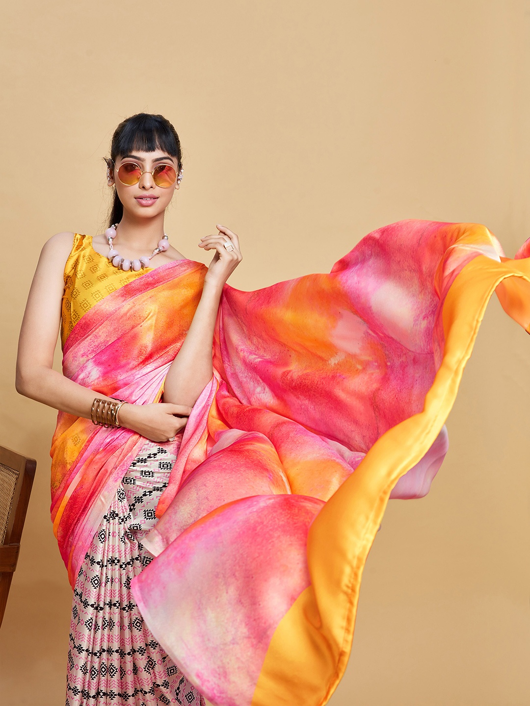 

Sangria Geometric Printed Satin Saree, Yellow