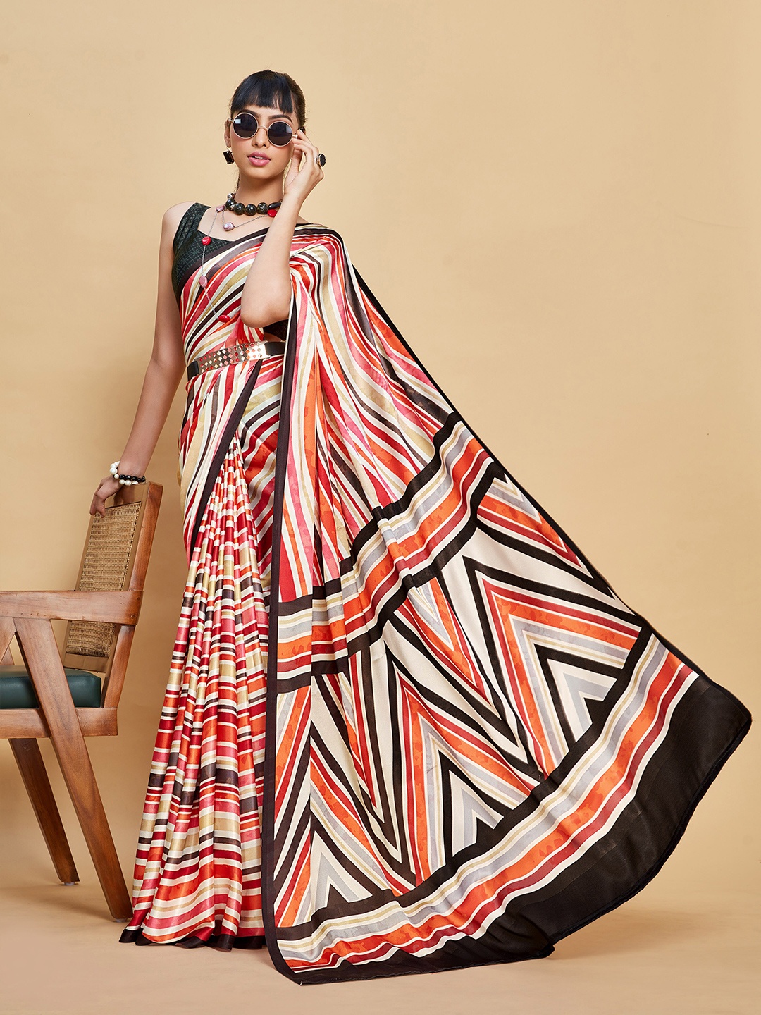 

Sangria Striped Satin Saree, Beige