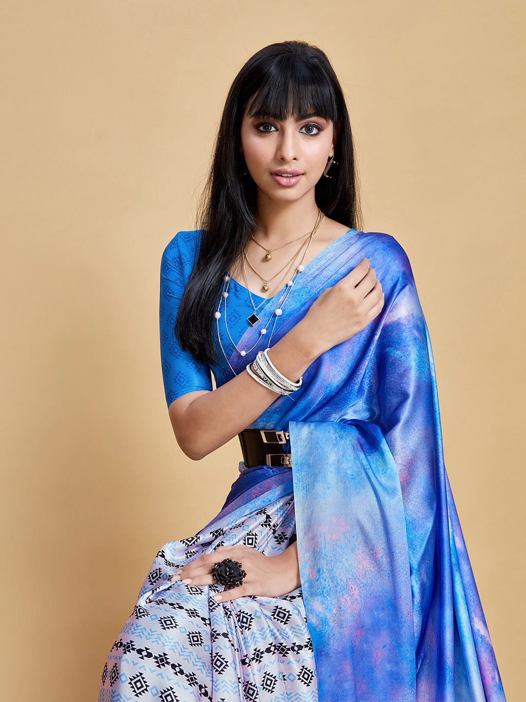 

Sangria Tie and Dye Printed Satin Saree, Blue