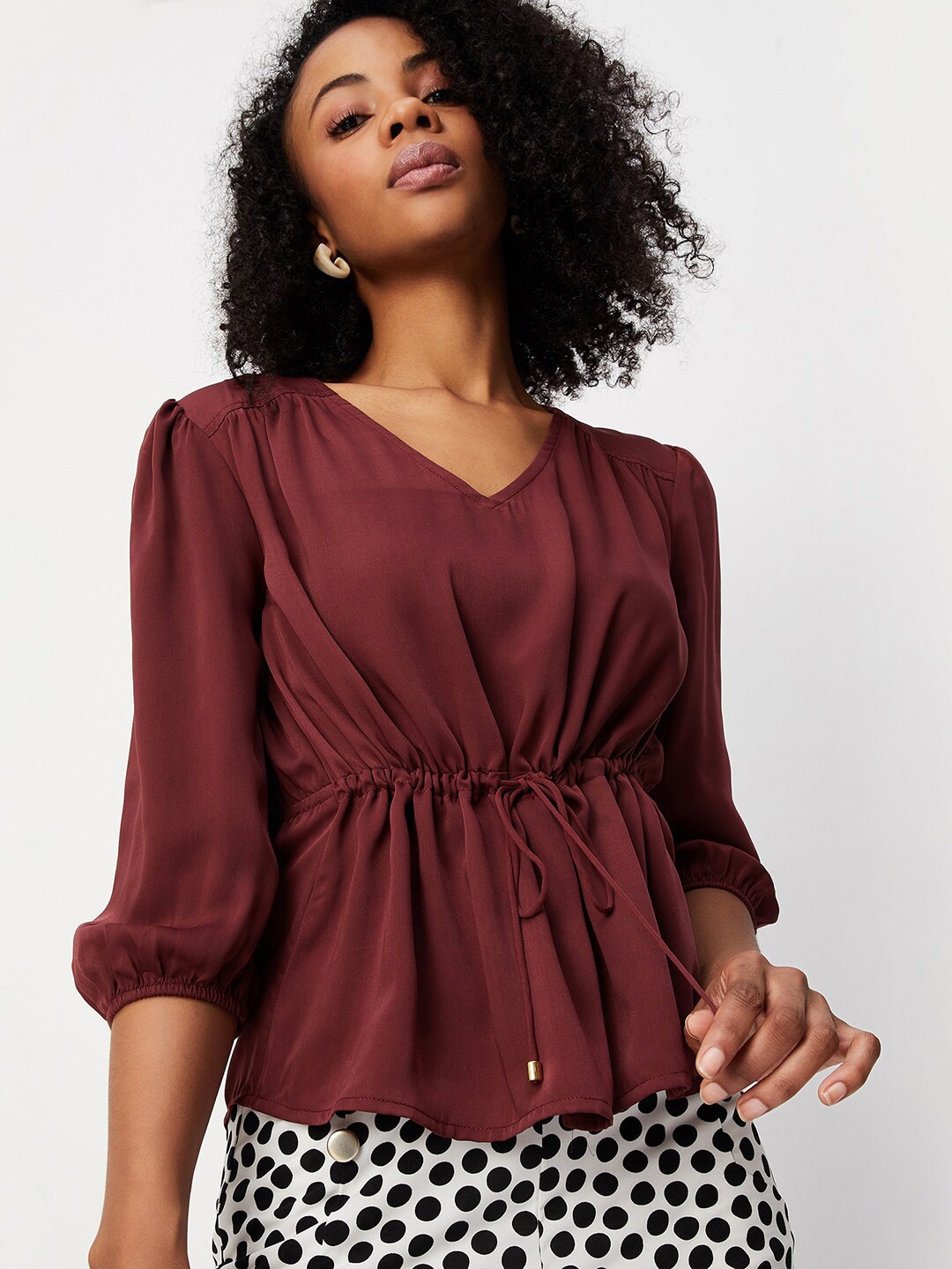 

max V-Neck Puff Sleeve Gathered Cinched Waist Top, Maroon