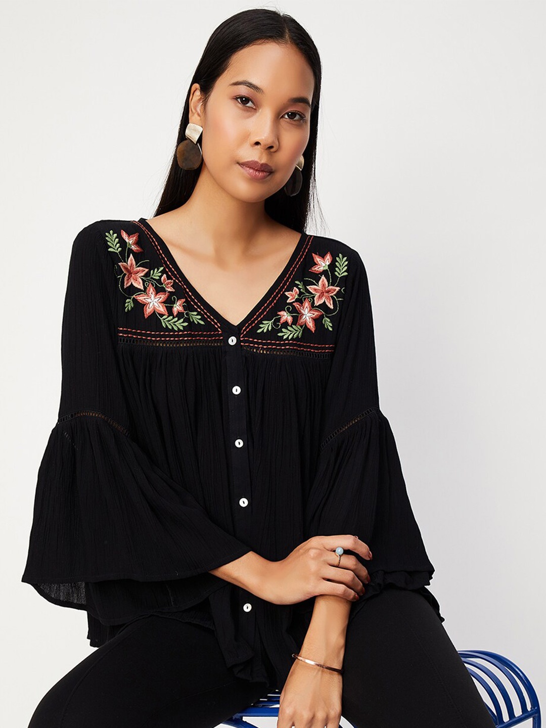 

max Bell Sleeves Embroidered Detailed A-Line Top, Black