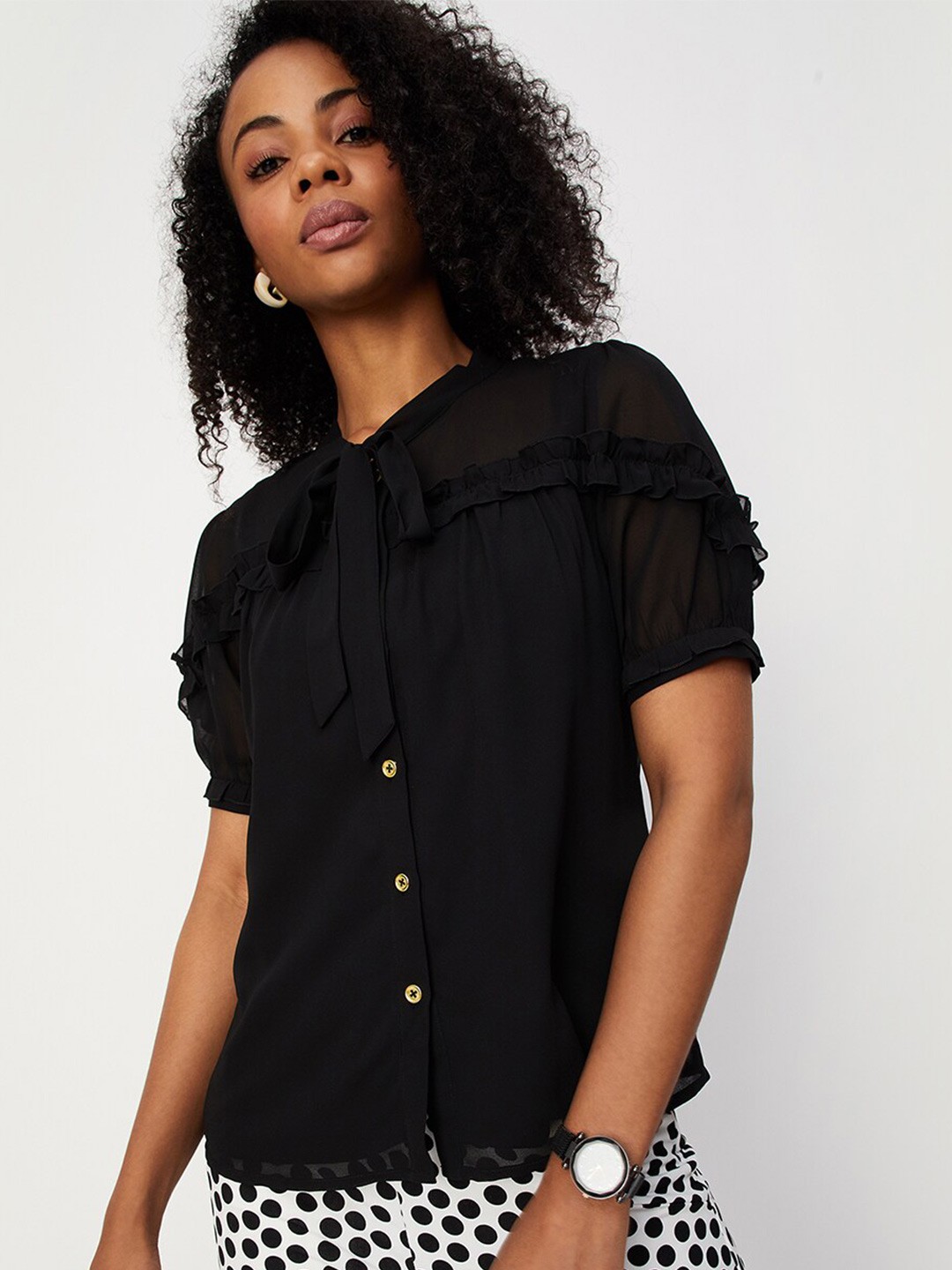 

max Tie-Up Neck Ruffles Detailed Regular Top, Black