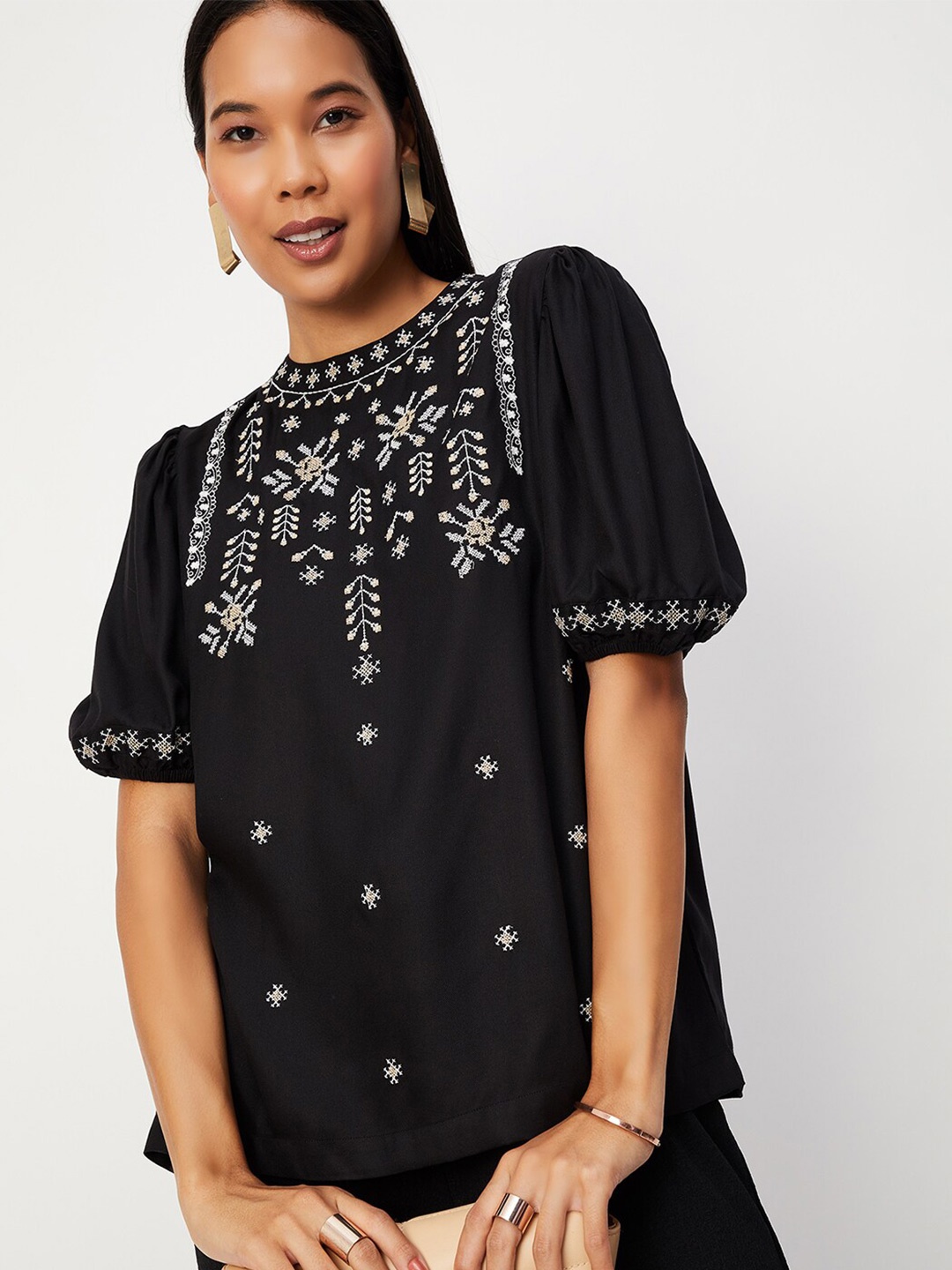 

max Floral Embroidered Puff Sleeves Gathered Regular Top, Black