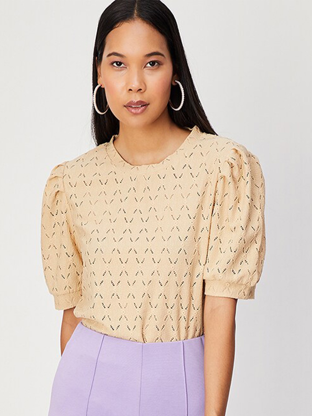 

max Self Designed Puff Sleeves Regular Top, Beige