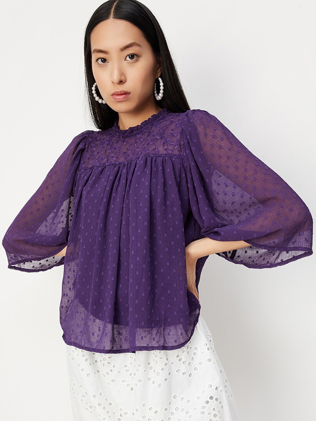 

max Self Design Flared Sleeves Gathered Top, Purple