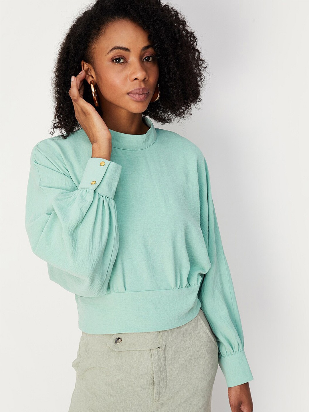 

max High Neck Gathered Detailed Blouson Top, Green