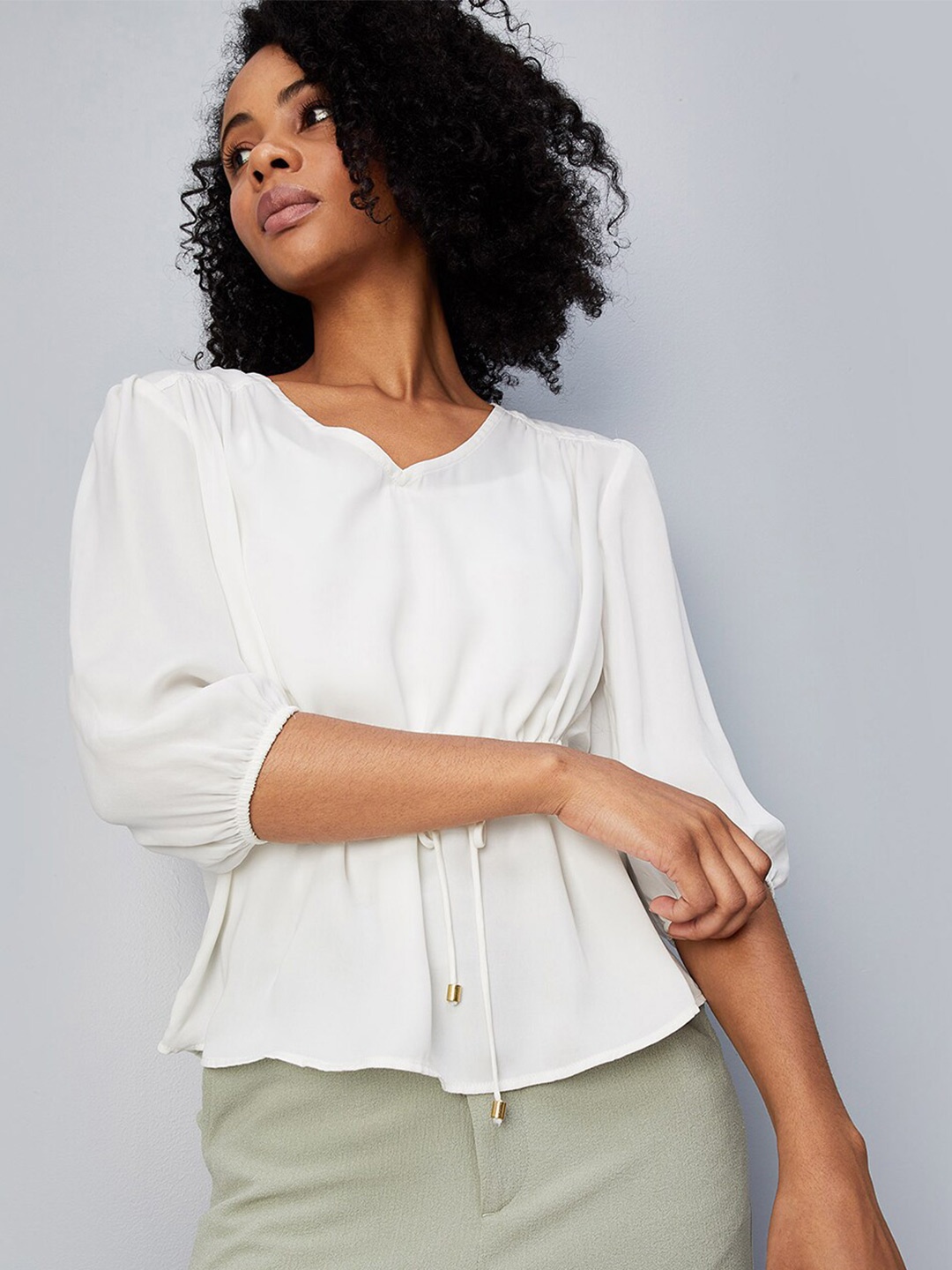 

max Puff Sleeve Cinched Waist Regular Top, White