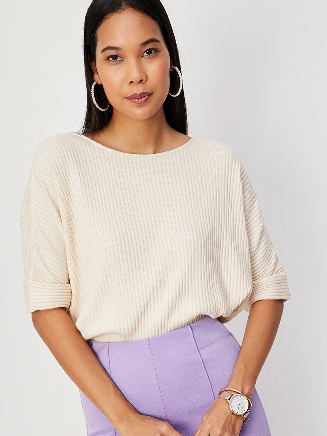 

max Vertical Striped Extended Sleeves Top, Beige