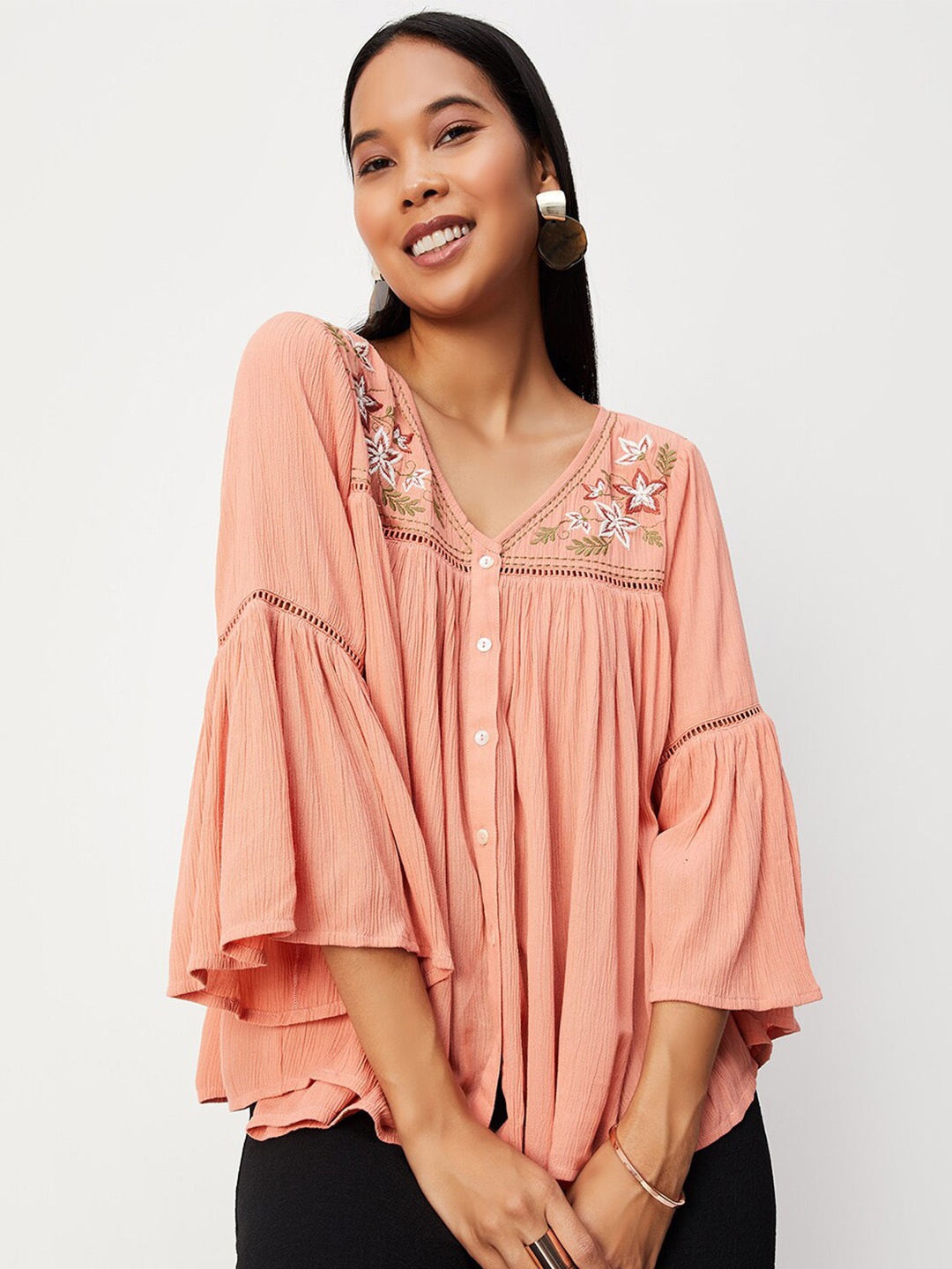 

max Floral Embroidered V-Neck Bell Sleeve Gathered Regular Top, Peach