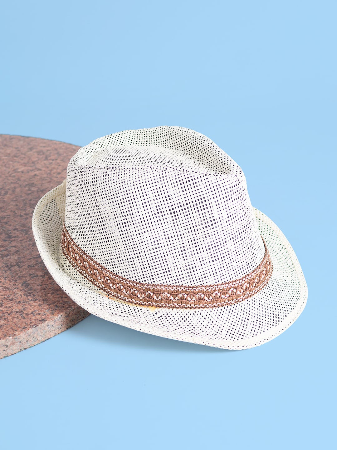 

Golden Peacock Men Woven Design Fedora Hat, White