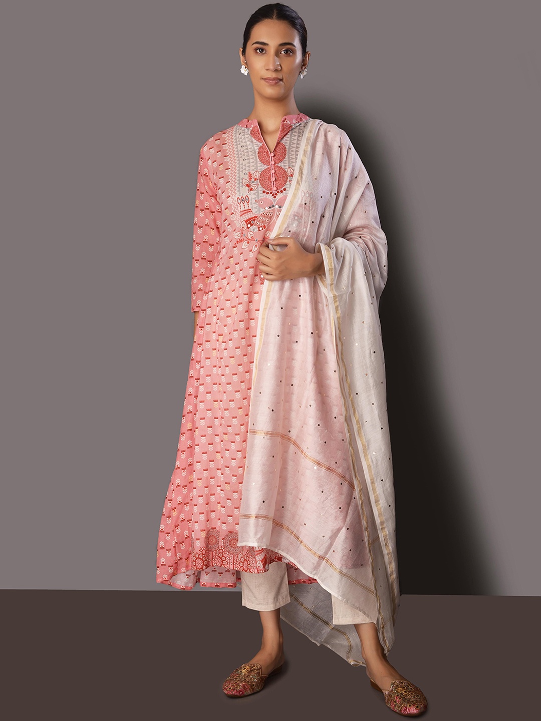 

PINKSKY Ethnic Motifs Printed Mirror Work Cotton Anarkali Kurta, Pink