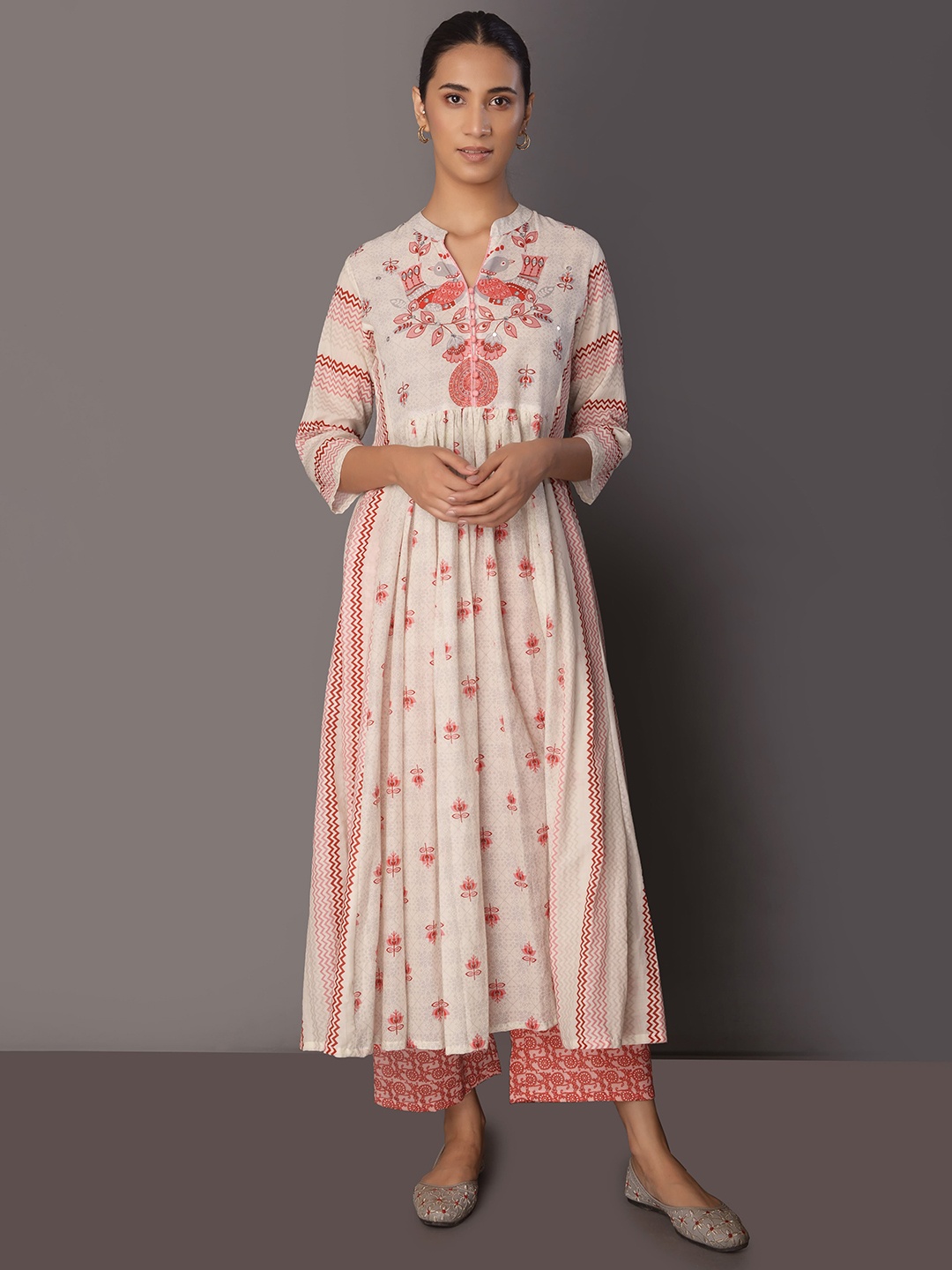 

PINKSKY Ethnic Motifs Printed Mirror Work Cotton Anarkali Kurta, Off white