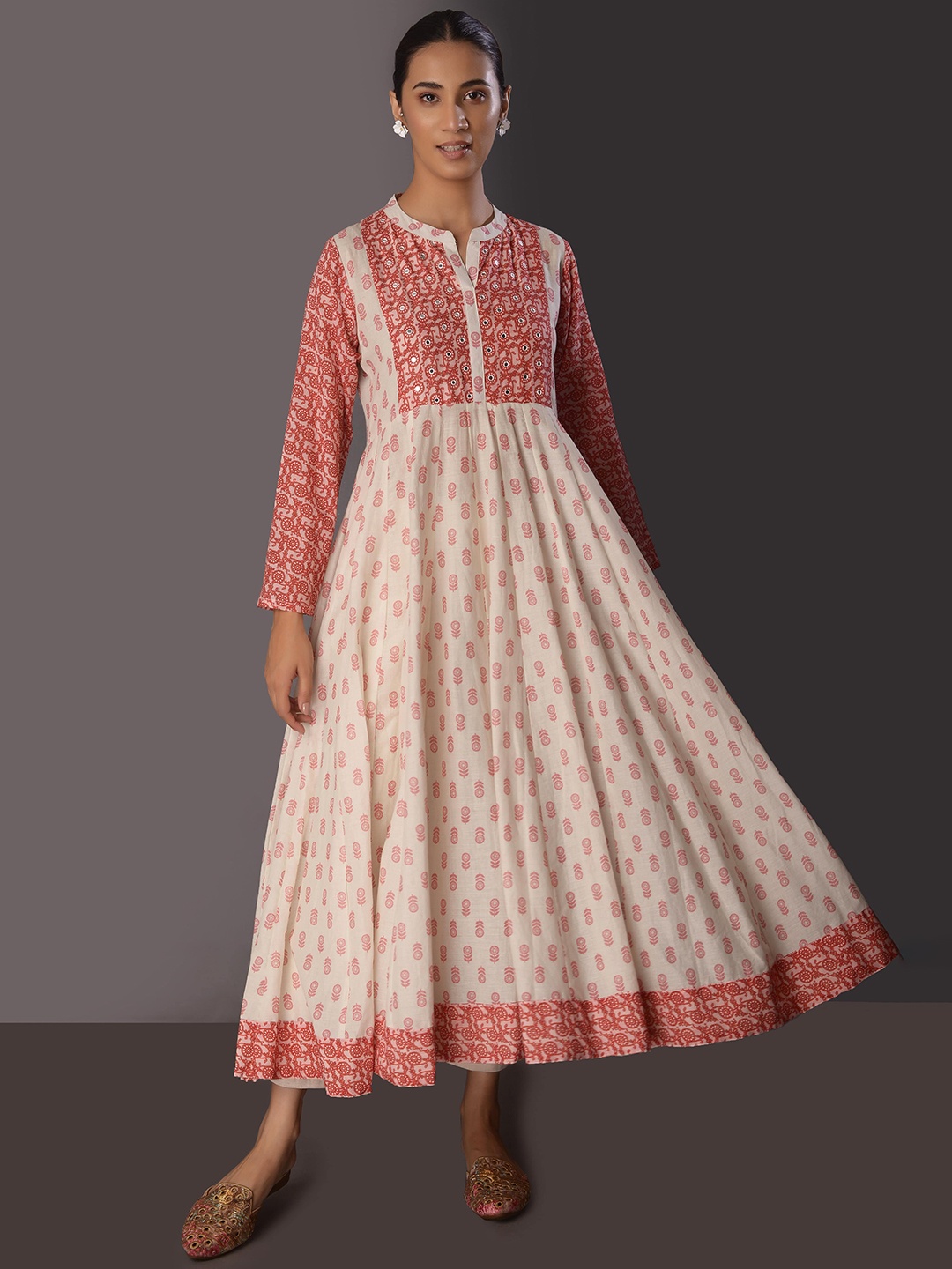 

PINKSKY Ethnic Motifs Printed Mirror Work Cotton Anarkali Kurta, Off white