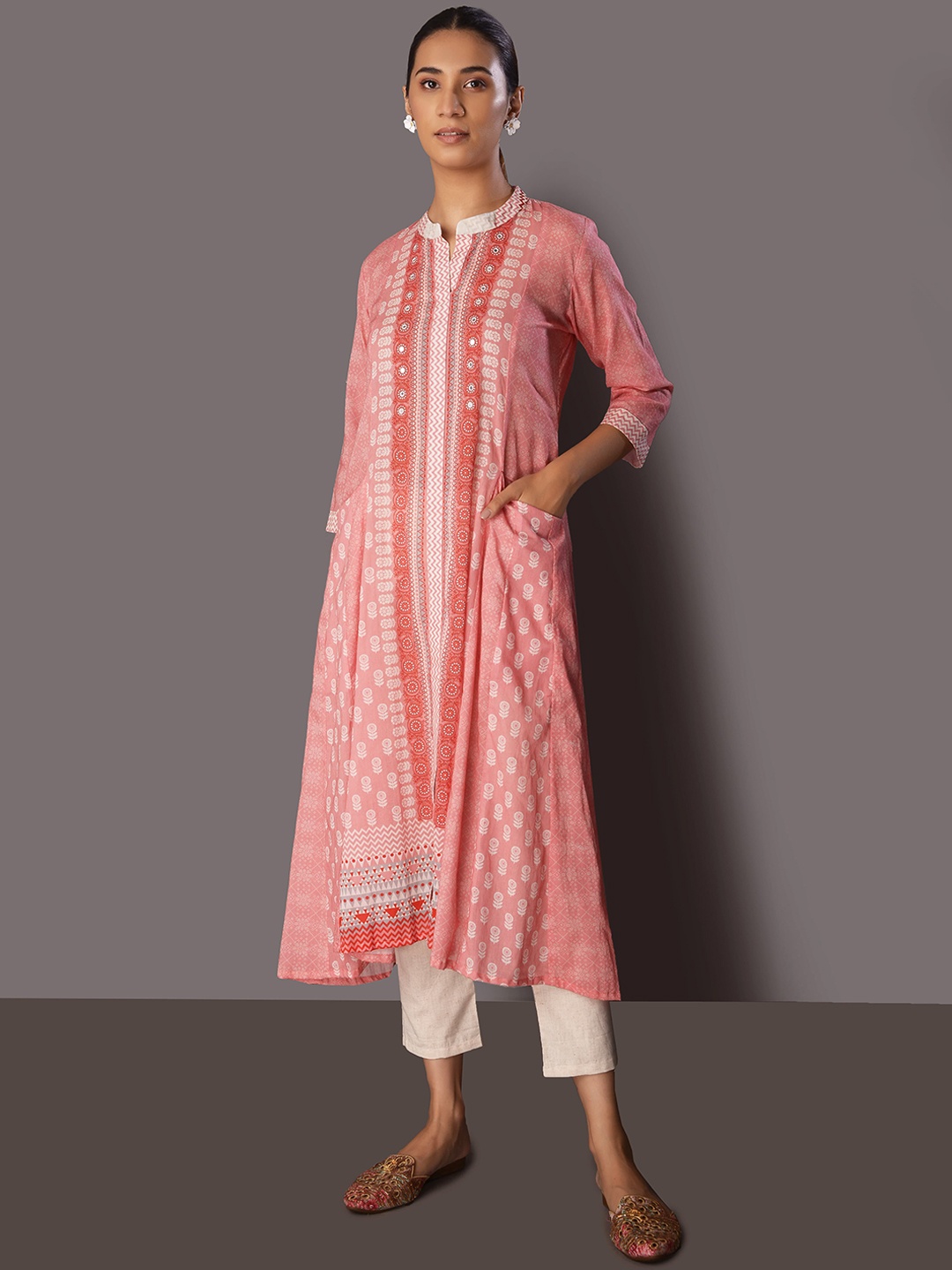 

PINKSKY Ethnic Motifs Printed Mandarin Collar Pure Cotton A-Line Kurta, Pink