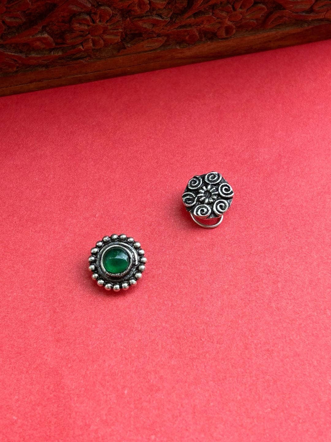 

FIROZA Set Of 2 Stone Studded Oxidised Stud Nosepins, Silver