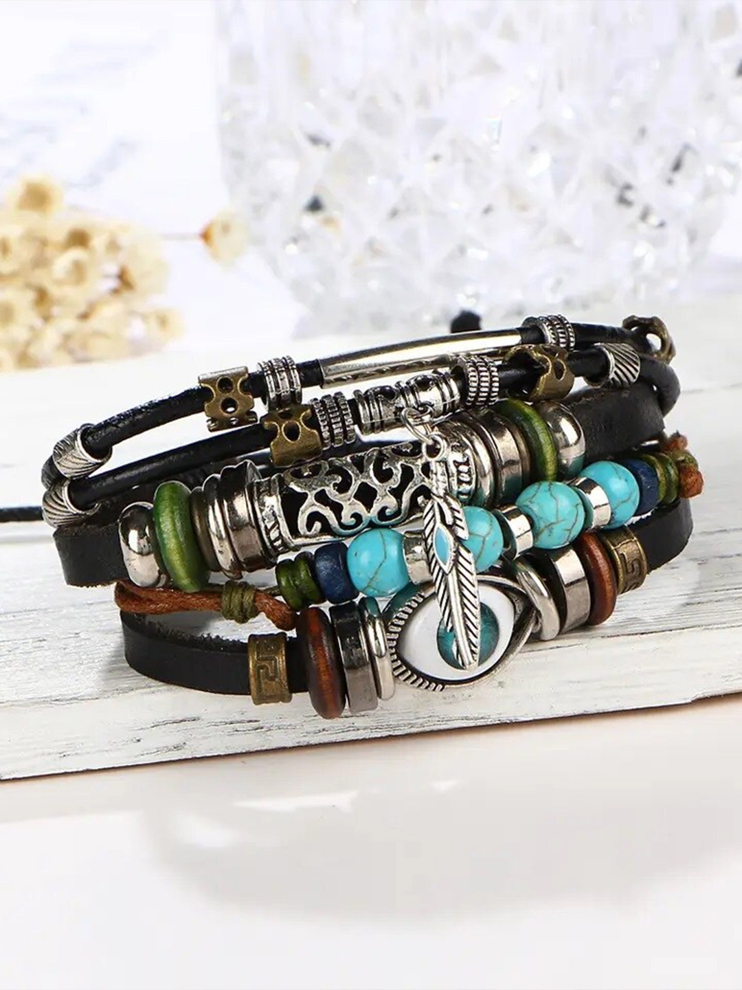 

MEENAZ Men Leather Wraparound Bracelet, Black