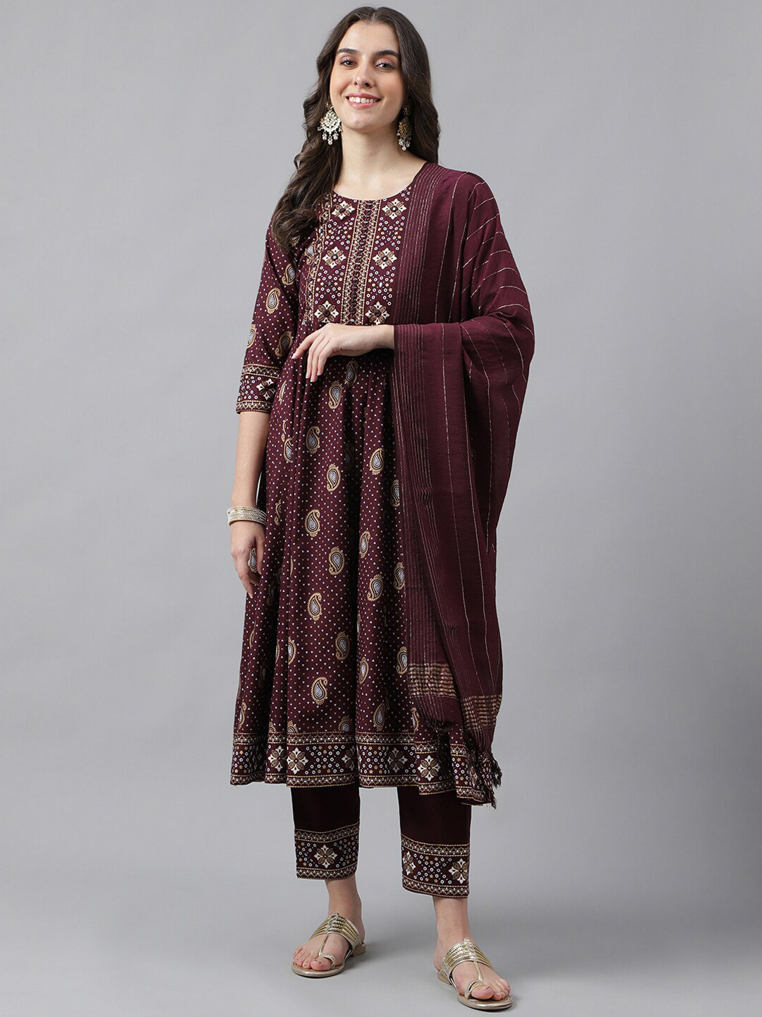 

KALINI Paisley Printed Kurta & Trousers With Dupatta, Purple