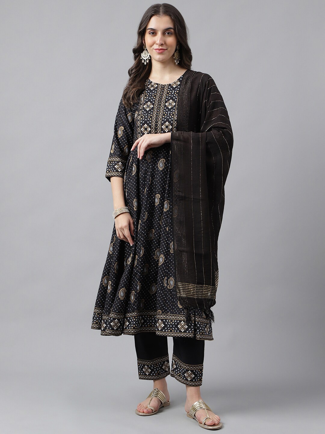 

KALINI Paisley Printed Kurta & Trousers With Dupatta, Black