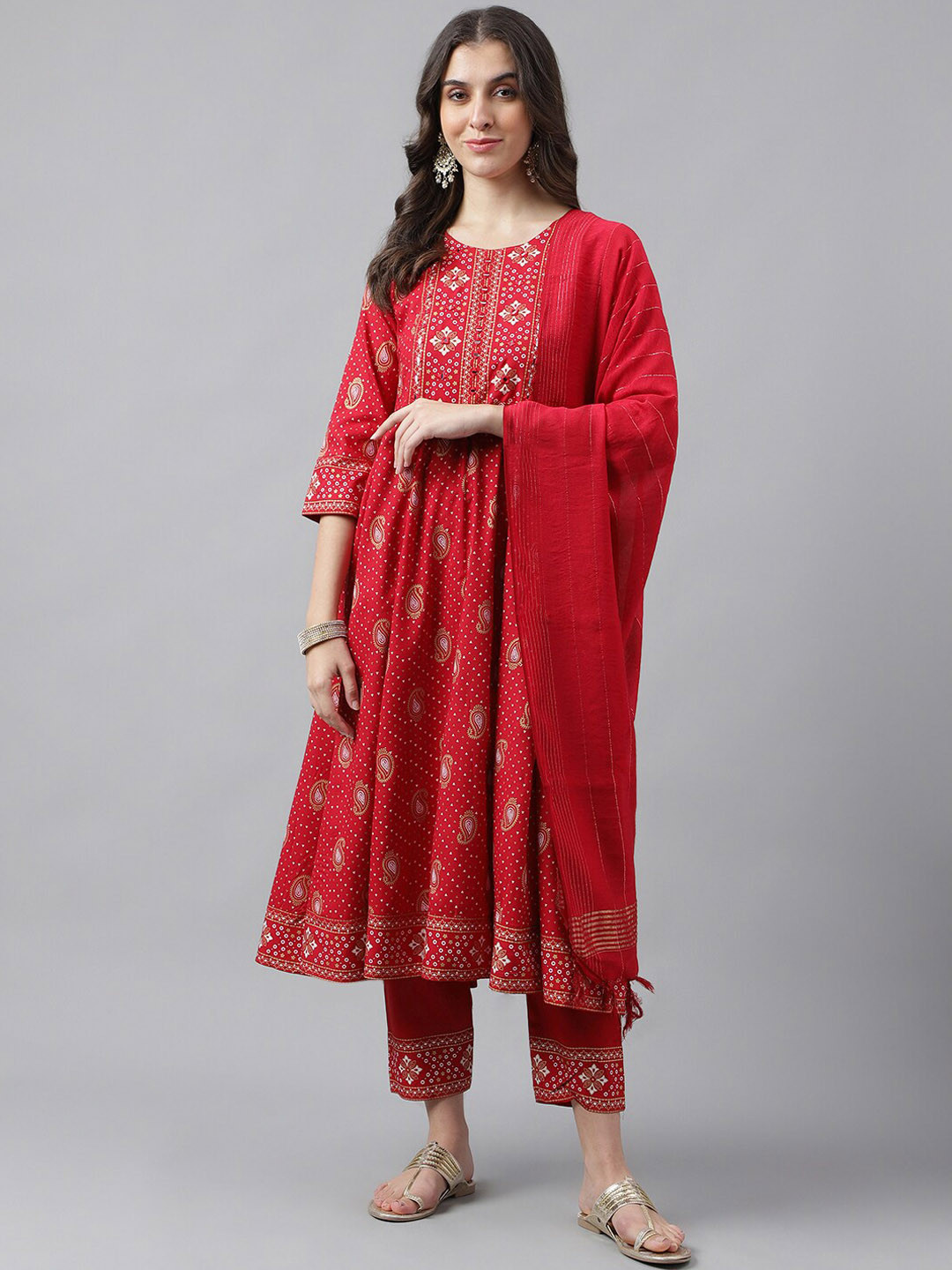 

KALINI Paisley Printed Kurta & Trousers With Dupatta, Red