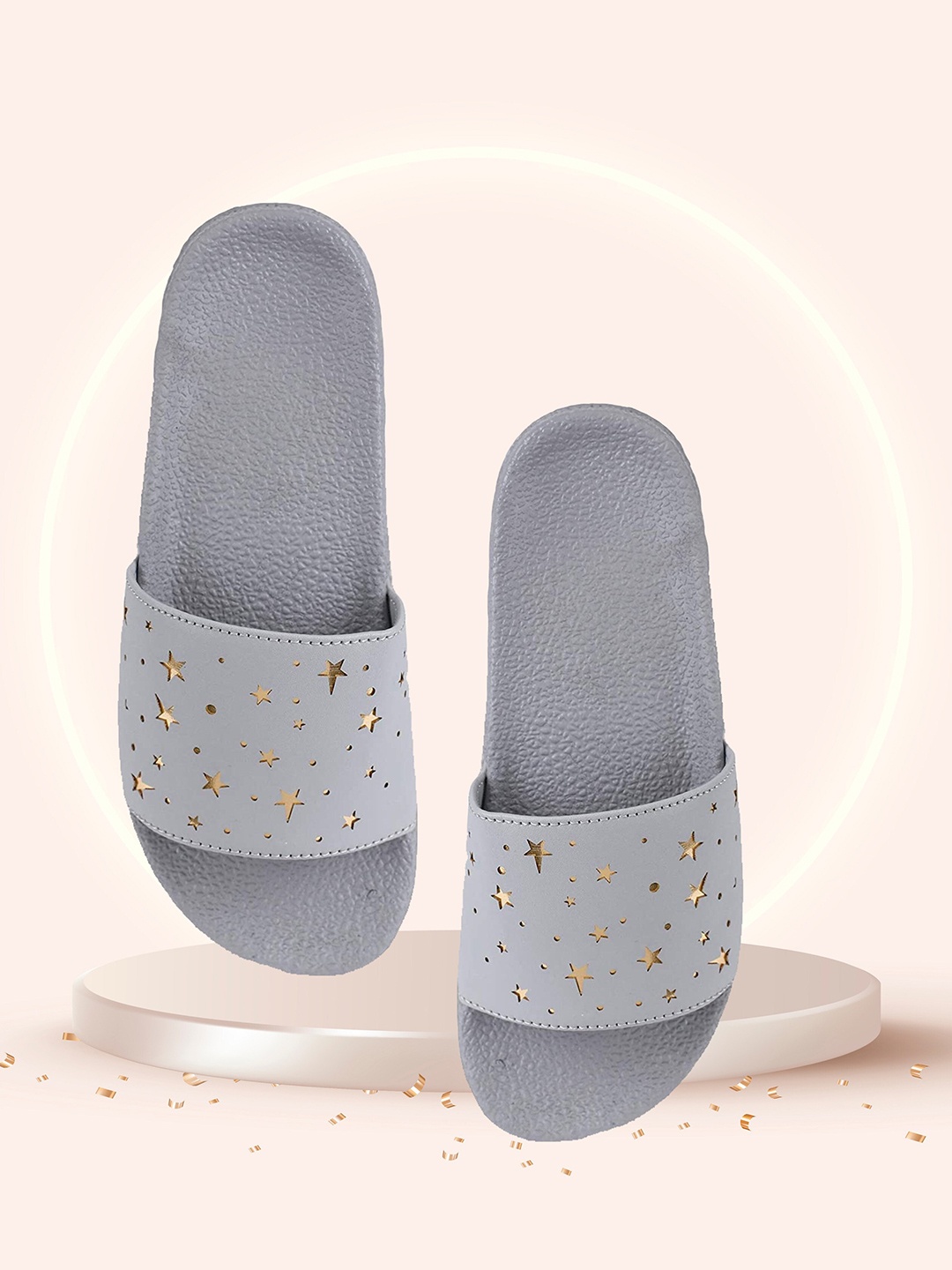 

Elibolz Women Laser Cut Embellished Sliders, Grey