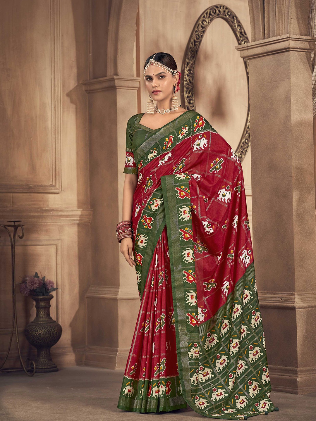 

Mitera Red Ethnic Motifs Woven Design Patola Saree