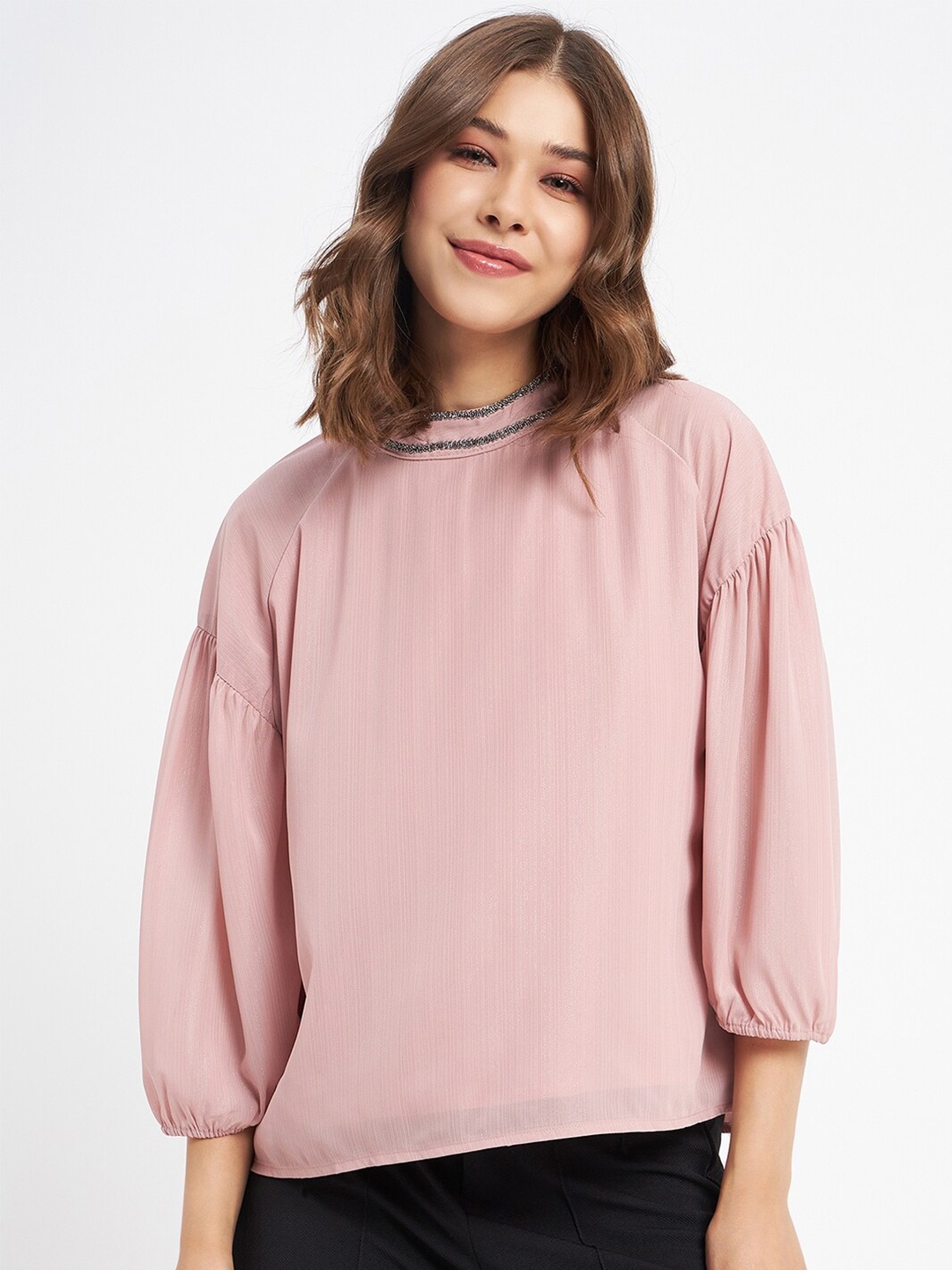 

Madame High Neck Puff Sleeves Embellished A-Line Top, Pink