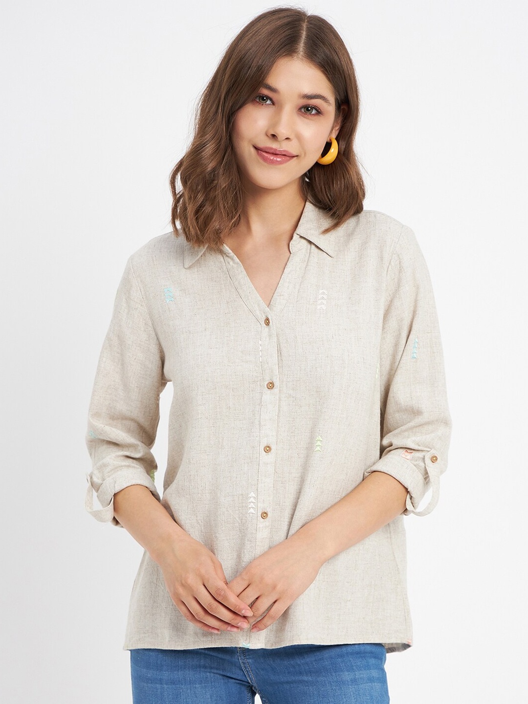 

Madame Roll-Up Sleeves Shirt Style Top, Beige