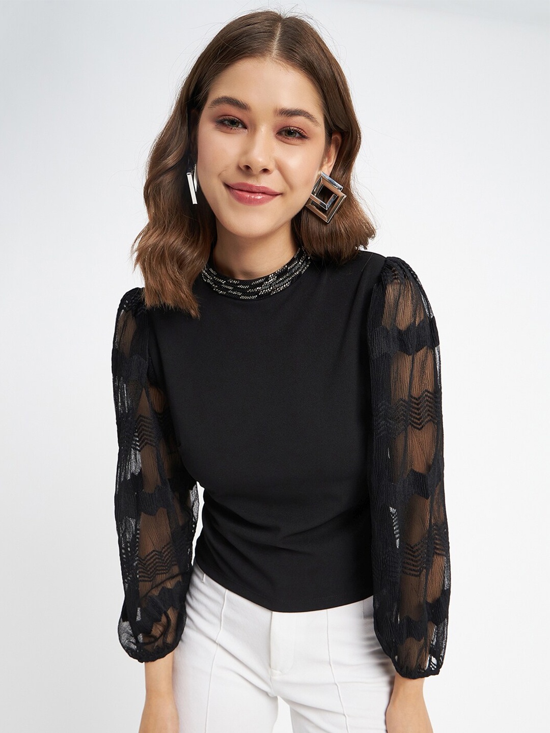 

Madame Embellished Puff Sleeves Top, Black