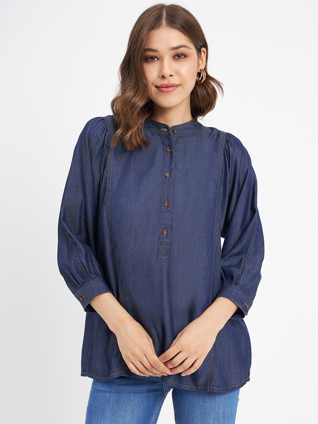 

Madame Puff Sleeve Shirt Style Top, Navy blue