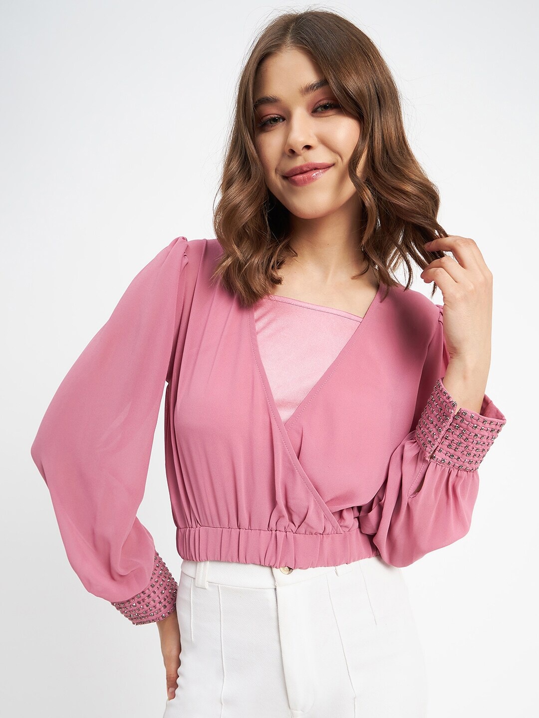 

Madame V-Neck Puff Sleeve Embellished Wrap Crop Top, Pink