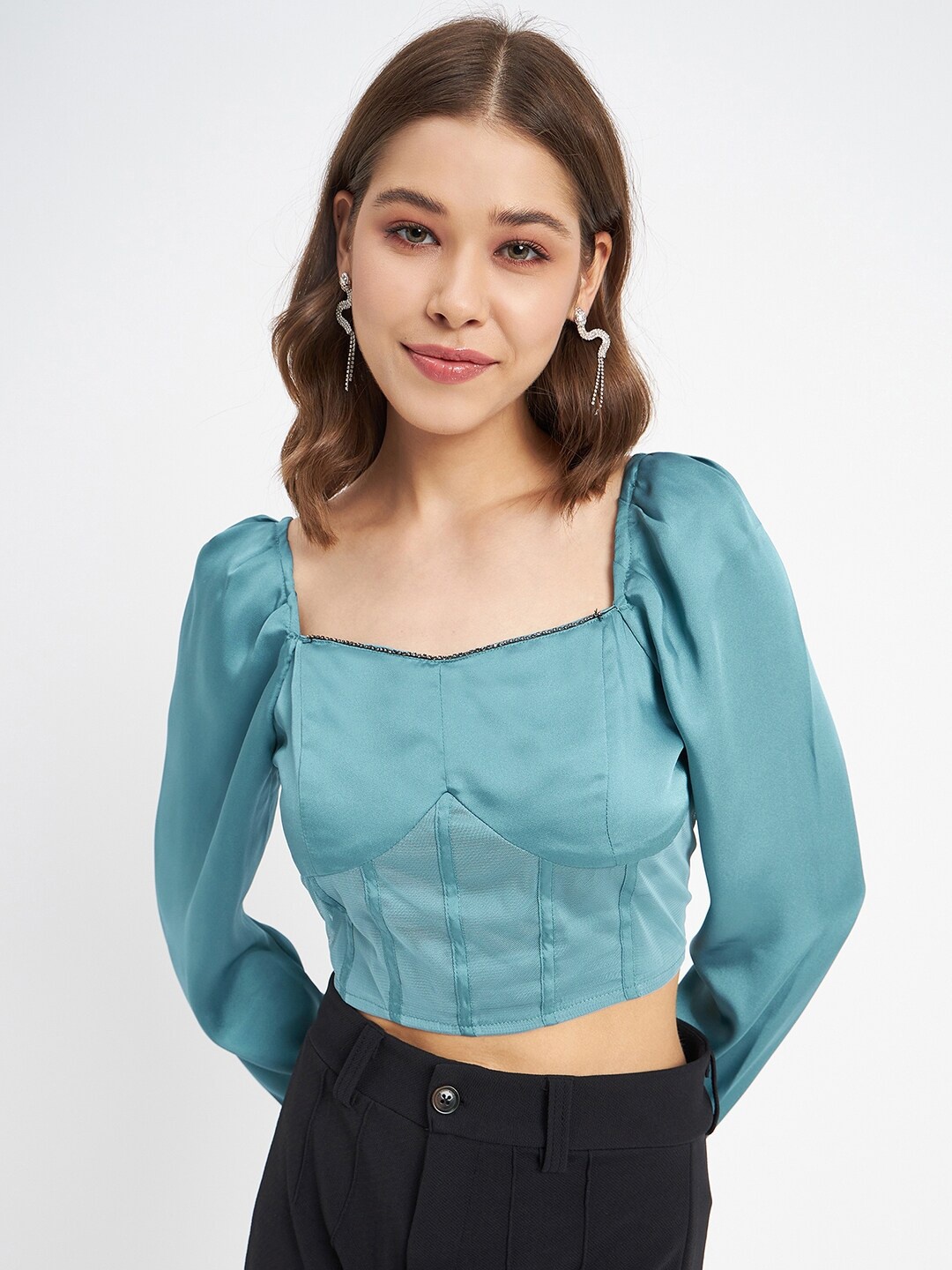 

Madame Square Neck Puff Sleeves Crop Top, Blue