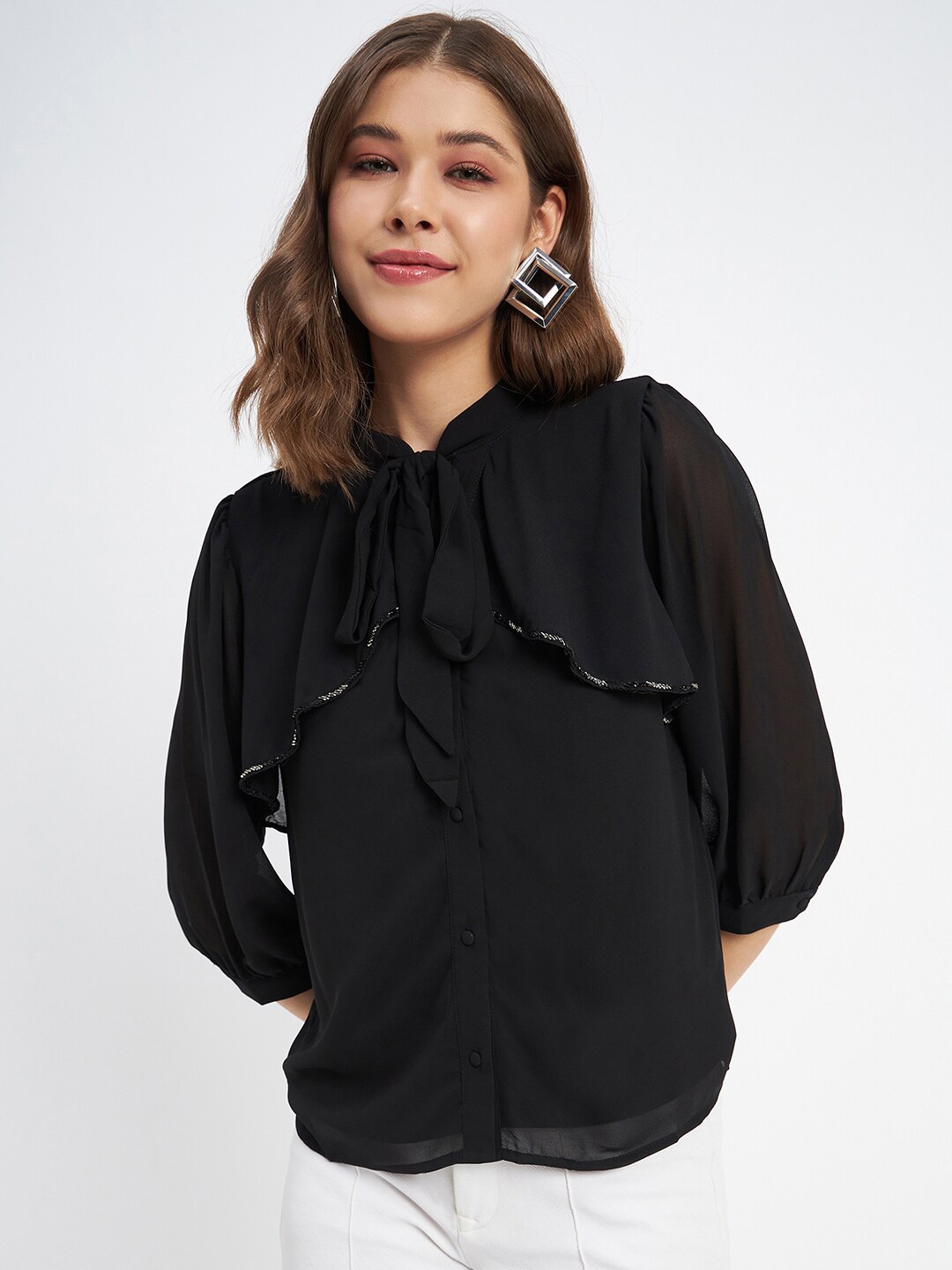 

Madame Tie-Up Neck Puff Sleeves Layered Shirt Style Top, Black