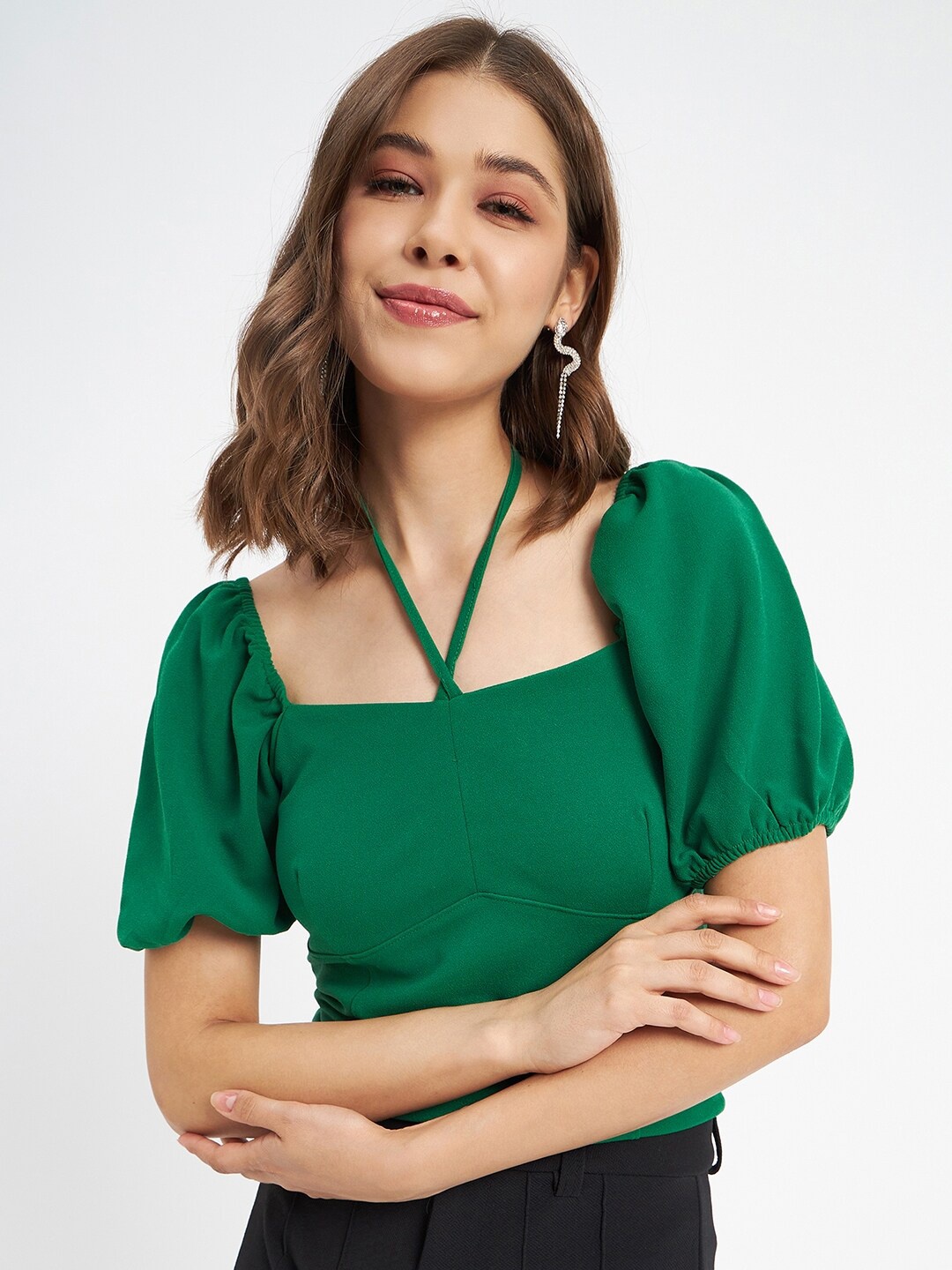 

Madame Puff Sleeves Square Neck Crop Top, Green