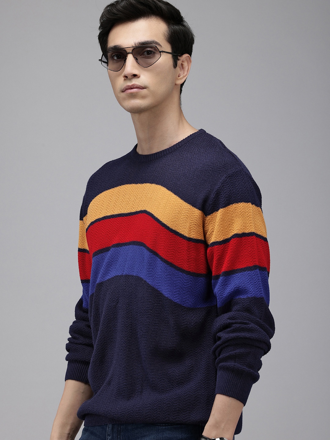 

Park Avenue Slim Fit Colourblocked Striped Pullover Sweater, Blue