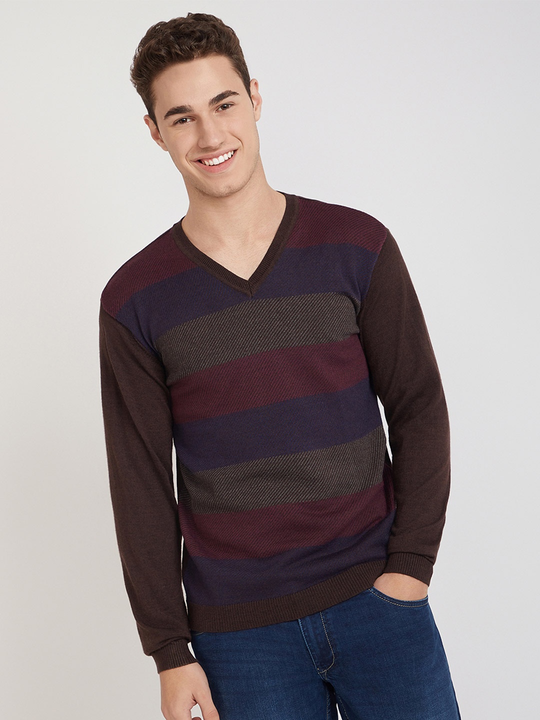 

Park Avenue V-Neck Colourblocked Pullover, Brown