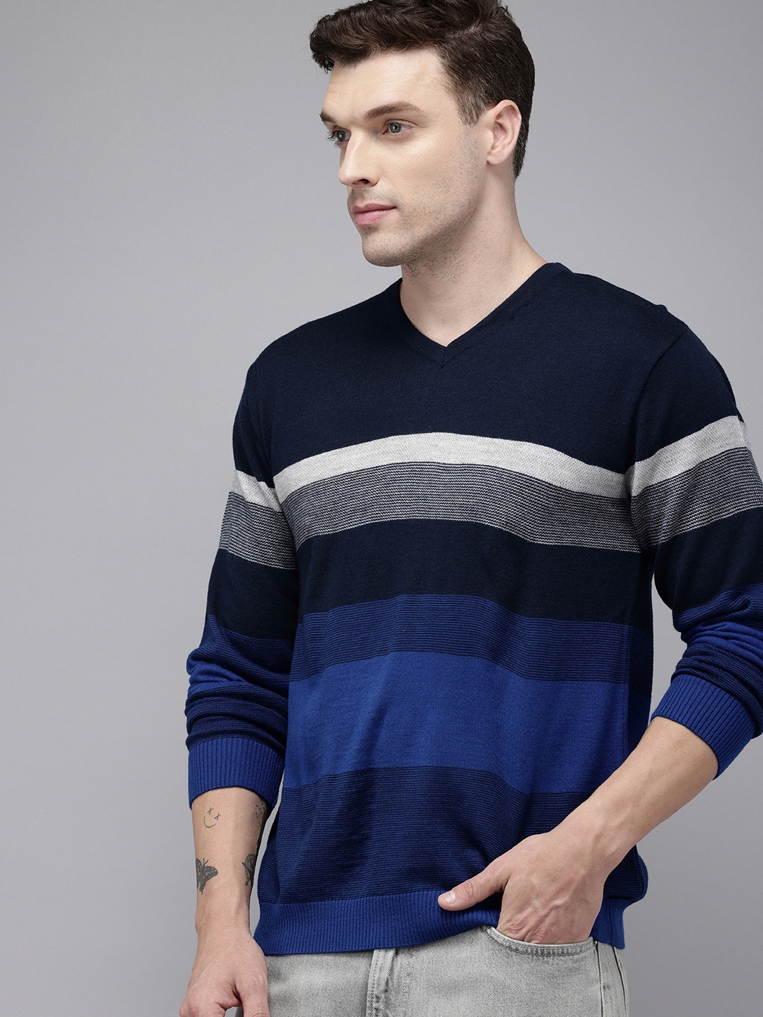 

Park Avenue V-Neck Striped Pullover Sweater, Navy blue