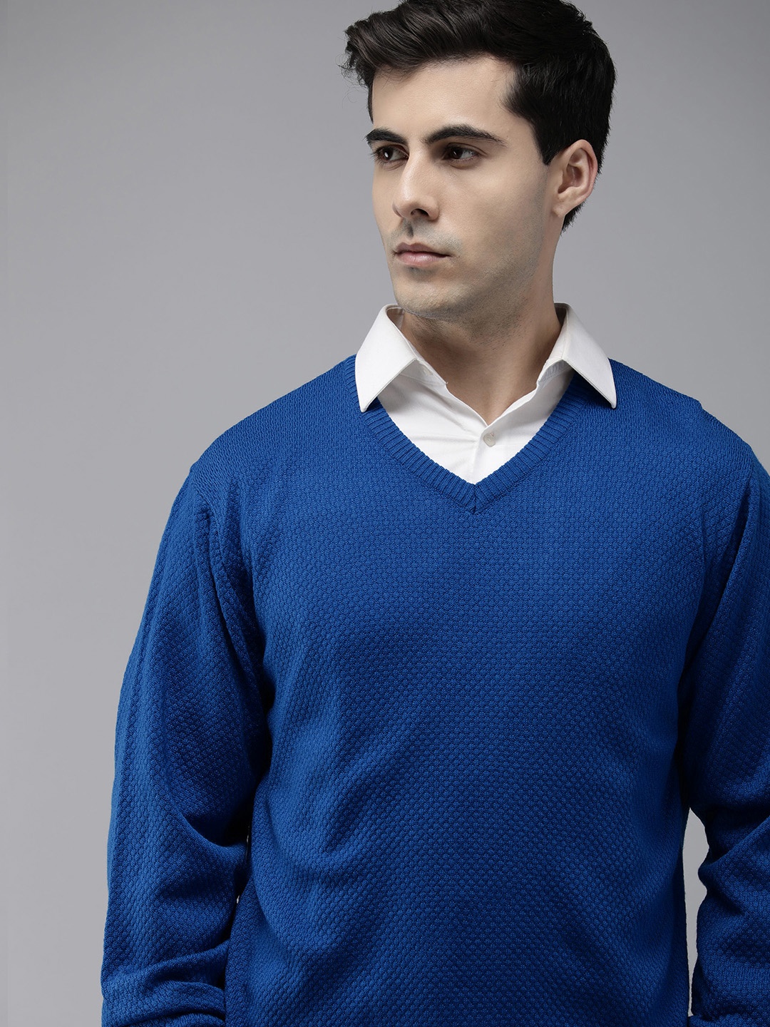 

Park Avenue V-Neck Self Design Pullover Sweaters, Blue